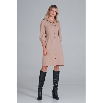 Rochie -  camasa - maneci bufante - bej - poliester