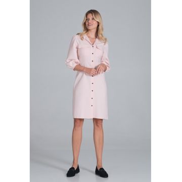 Rochie -  camasa - maneci bufante - roz - casual - poliester