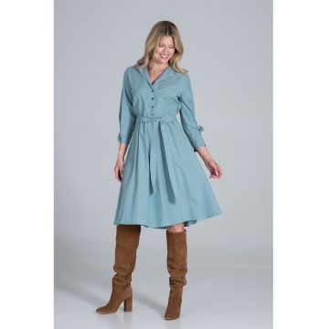 Rochie camasa midi cu centura  verde - bumbac 100%