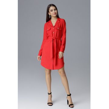 Rochie camasa  rosie - maneca lunga - cu nasturi si brau - poliester 100%