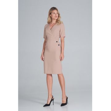 Rochie creion  bej - midi - cu decolteu plic - maneci scurte - 100% poliester