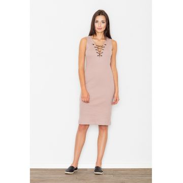 Rochie creion  M487 - roz - bumbac - decolteu in V - lungime midi
