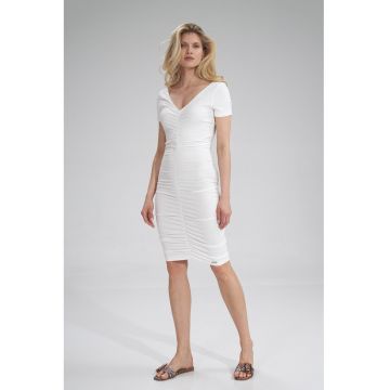 Rochie creion  M786 - alba - cu volane - din viscoza moale -