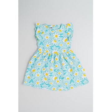 Rochie cu croiala in A - model floral si maneci cu volane