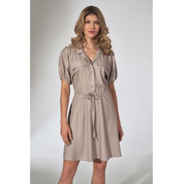Rochie de vara -  descheiata - bej - maneca scurta - viscoza