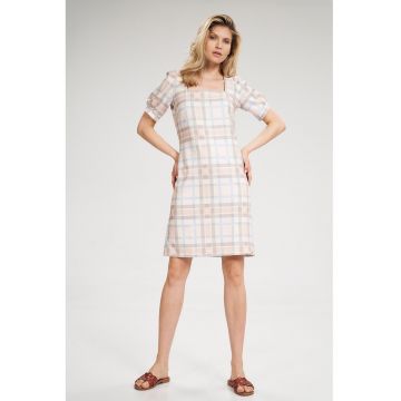 Rochie de vara  M704 - ecru cu accente multicolore - poliester - decolteu patrat - maneci scurte