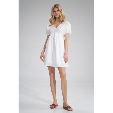 Rochie de vara  M763 - mini - decolteu in V - alba - bumbac 100% -