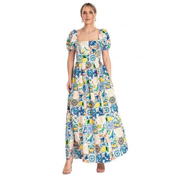 Rochie  decolteu patrat - maneci bufante - albastra - bumbac/elastan -