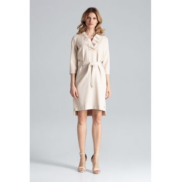 Rochie  eleganta - bej - cu volan pe decolteu - legata cu curea - poliester