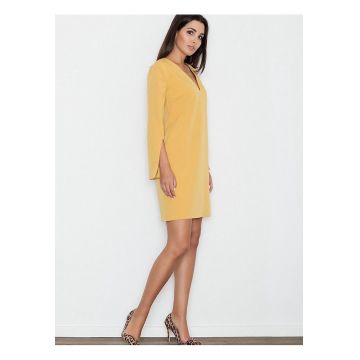 Rochie  eleganta - croiala dreapta - maneci cu fante - galbena - poliester-viscoza