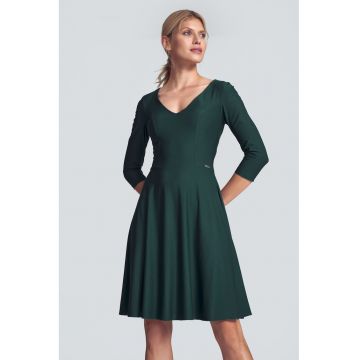 Rochie evazata  M709 - verde - decolteu in V - maneci 3/4 - viscoza