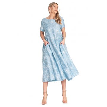 Rochie  floral - albastra - material respirabil - legaturi laterale - viscoza/nylon -