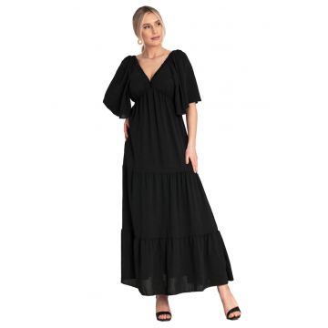 Rochie lunga cu volane -  neagra - poliester -