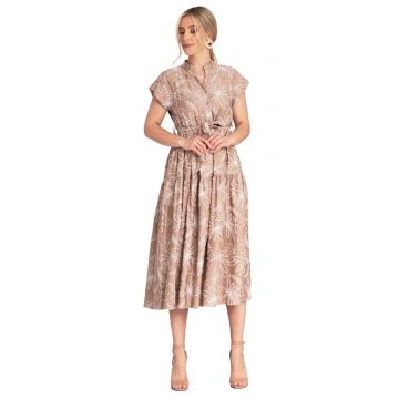 Rochie lunga florala  M1180 - guler ridicat - bej - viscoza - nailon -