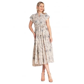 Rochie lunga  imprimeu floral - bej - guler ridicat - viscoza/nylon -
