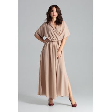 Rochie lunga  L055 - eleganta - cu talie elastica - bej - poliester 100%
