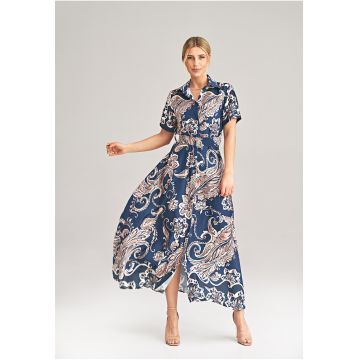 Rochie lunga  poliester - bleumarin - cu flori -