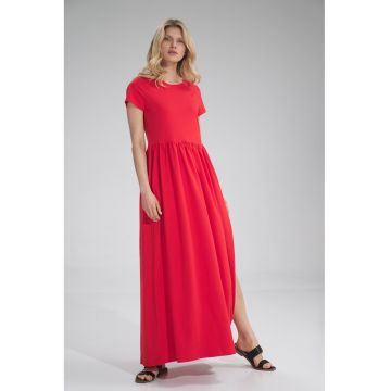Rochie lunga  rosie - bumbac - cu fanta