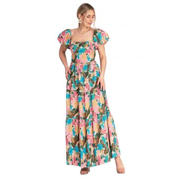 Rochie  M1188 - roz - decolteu patrat - talie elastica - bumbac/elastan - S/M -
