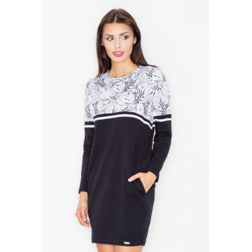 Rochie  M510 - florala - maneca lunga - neagra - bumbac cu buzunare