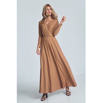 Rochie maxi  bej - maneci lungi - decolteu plic - poliester