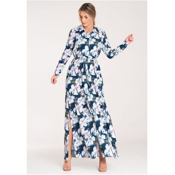 Rochie maxi -  cu nasturi - albastru floral - poliester -
