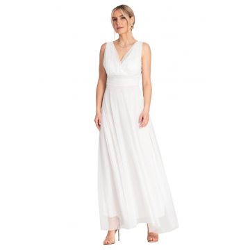 Rochie maxi de seara -  alb - volane - poliester/elastan -