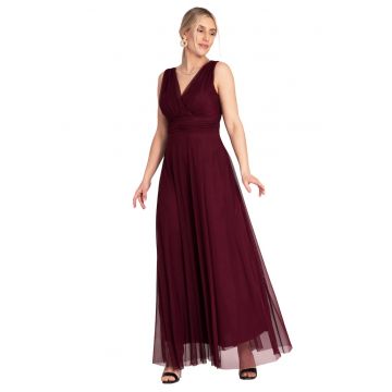 Rochie maxi de seara -  volane - rosu - poliester/elastan -