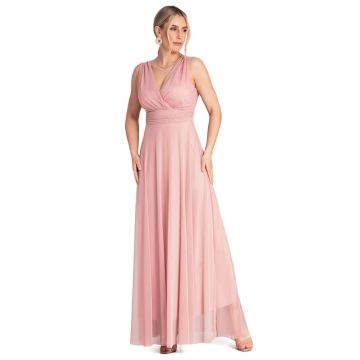 Rochie maxi de seara -  volane - roz - poliester/elastan -