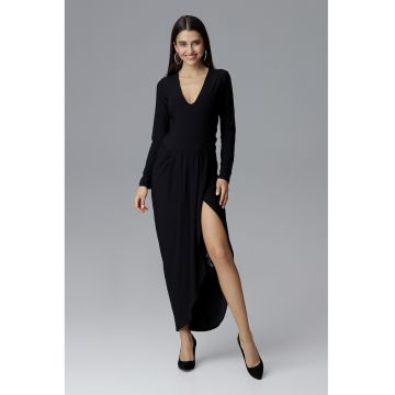 Rochie maxi eleganta neagra -  decolteu in V - maneci lungi - poliester -