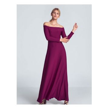 Rochie maxi  fuchsia - cu maneci lungi - decolteu mare - pliuri la piept - elastan 5% - poliester 95%