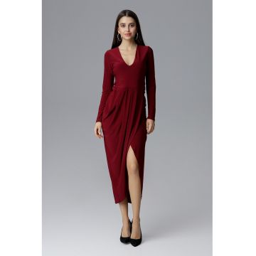 Rochie maxi  M636 - decolteu in V - rosu - poliester -