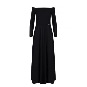 Rochie maxi  model M707 - neagra - cu umeri goi si maneci lungi - poliester