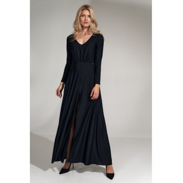 Rochie maxi  neagra - eleganta - cu fanta - din poliester si elastan