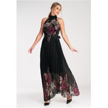 Rochie maxi  neagra - plisata - poliester - fara maneci -