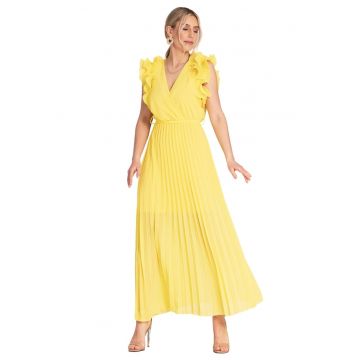 Rochie maxi plisata -  galben - maneci cu volane - viscoza/elastan/poliester -