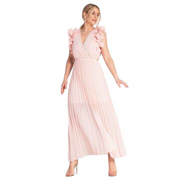 Rochie maxi -  plisata - volane pe maneci - roz - viscoza - elastan - poliester -