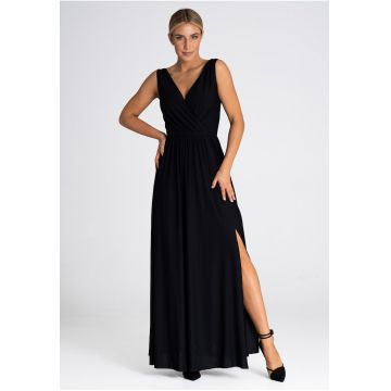 Rochie maxi  poliester/elastan - cu decolteu in V - negru -