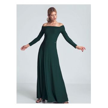 Rochie maxi  verde - cu maneci lungi - decolteu mare - pliuri in zona pieptului - cusuta in talie - elastan 5% - poliester 95%