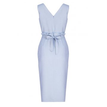 Rochie midi  albastra - cu curea - decolteu in V - din poliester -