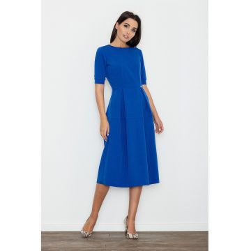 Rochie midi  albastra - eleganta - cu maneci scurte - poliester