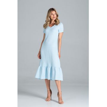 Rochie midi  albastru deschis - volane - maneci scurte - bumbac