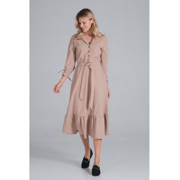 Rochie midi  bej cu curea - maneci lungi - poliester 100% -