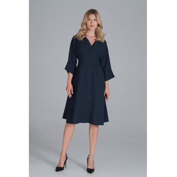Rochie midi  bleumarin cu nasturi - maneci 3/4 - poliester -