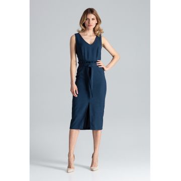 Rochie midi  bleumarin - decolteu in V - poliester