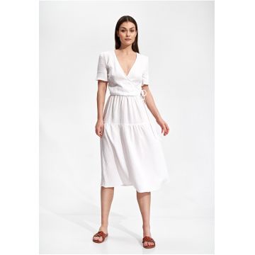 Rochie midi  bumbac 100% - alb - design minimalist - maneci scurte