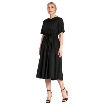 Rochie midi camasa  neagra - bumbac - cu curea si buzunare -
