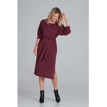 Rochie  midi cu dungi - maneci lungi - visiniu - poliester -