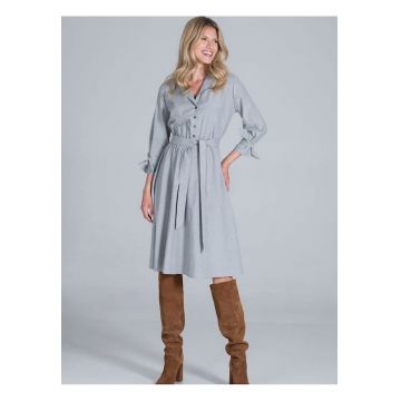Rochie midi  de zi - gri - cu decolteu in V - maneci 7/8 - din bumbac si poliester
