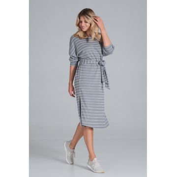 Rochie midi  gri cu dungi - maneci lungi - poliester -